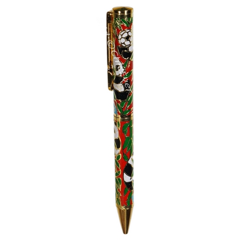 Kugelschreiber Cloisonne Emaille Pandabär & Fussball rot grün gold 5399b